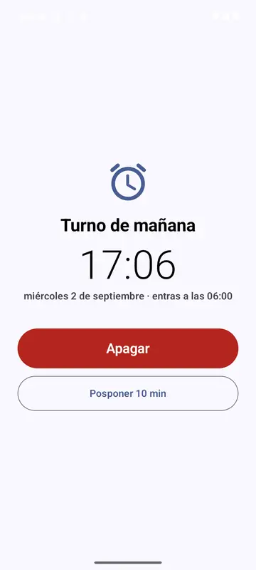 La pantalla de alarma de Turnos sonando con el móvil bloqueado, con Apagar y Posponer