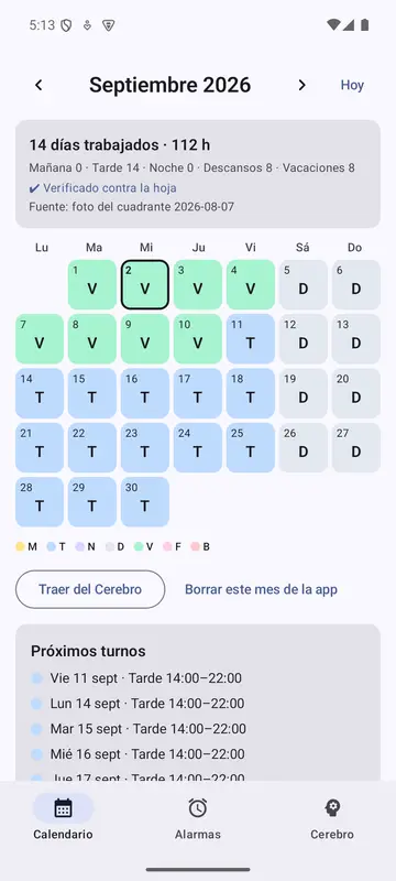 La app Turnos con el calendario de septiembre y las alarmas por tipo de turno